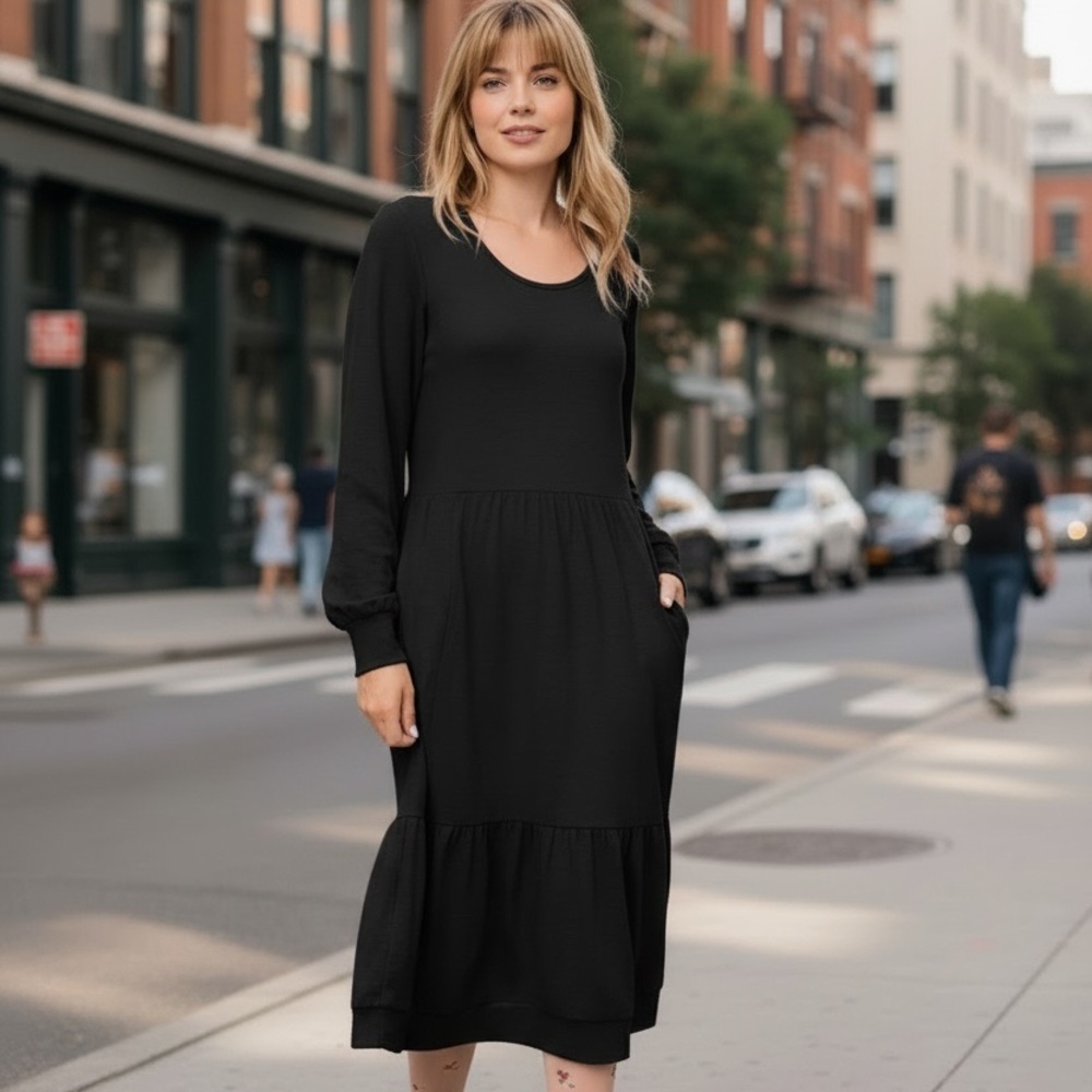 Canyon Retreat Black Long Sleeve Tiered Midi Dress SZ 1X NWT